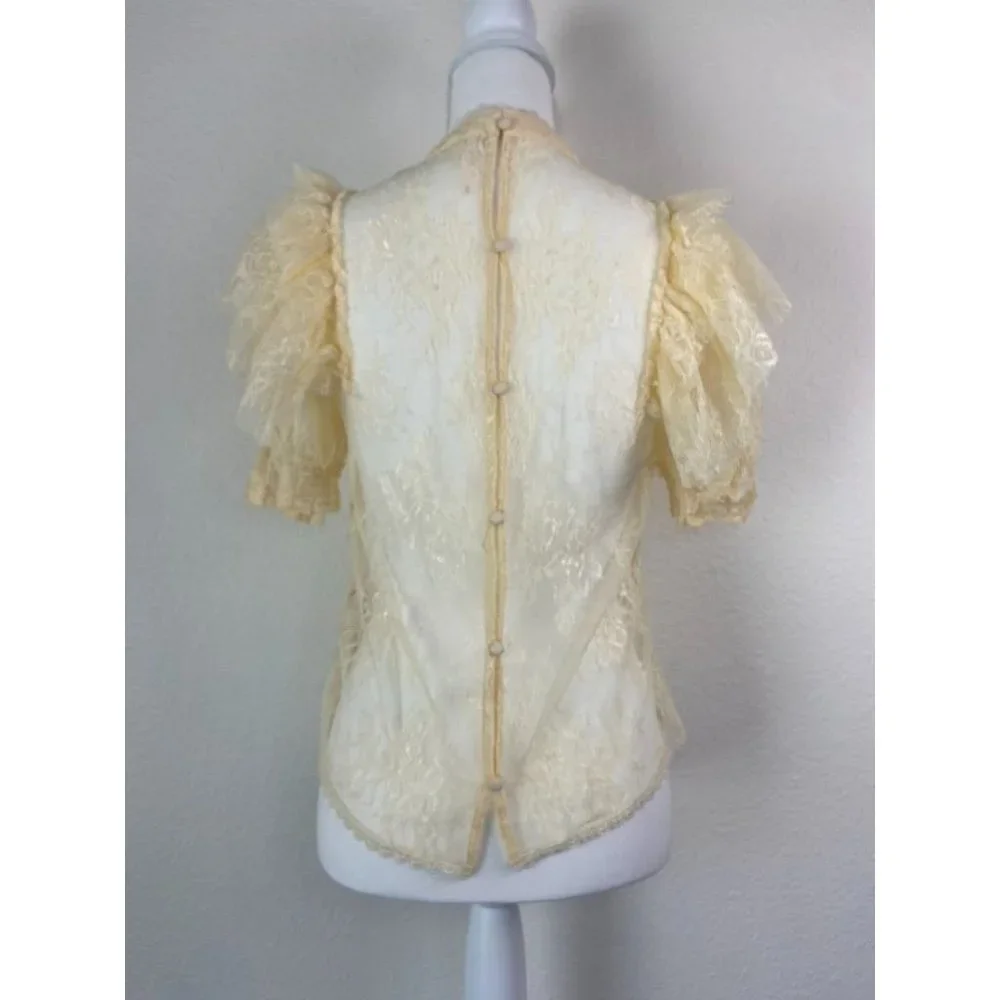 Free People‎ women's XS cream overlay lace puff high neck sleeve blouse